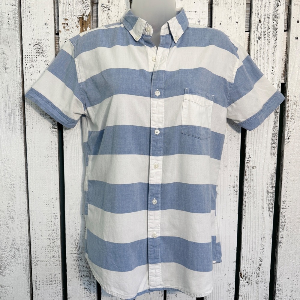 Arizona Jean Co Blue White Stripe Short Sleeve Top Sz M Button‎ Up Nautical Boho